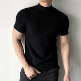 Riolio Men's Clothing Fashion Jacquarded Tops Luxury High Quality Knit O Neck Short-sleeved T-shirt Leisure Popular Retro Slim Knitwear
