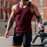 Riolio  Casual Solid Color Woven Tank Tops Men Fashion Slim Fit Crew Neck Sleeveless Vest For Mens Sports Training Fitness Ribbed Tops