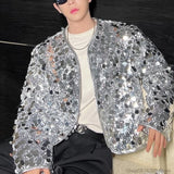 Riolio Shiny Sequins Jacket for Men Black Silver Sparkle Long Sleeve Casual Bomber Jacket Male Party Club Fashion High Street Coats
