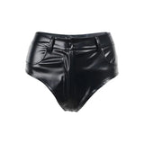 Riolio  Gothic Punk Mens Glossy Faux Leather Shorts Button Closure Pocket Detail Low Rise Shorts For Nightclub Beach Clubwear Outfit