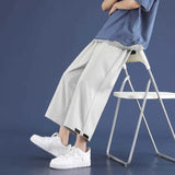 Riolio  Men Summer Thin Ice Silk Sports and Casual Straight Loose Wide-leg Cropped Pants