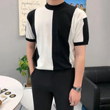 Riolio  Men Summer Ice Silk Short Sleeve T Shirt Business Round Neck Slim Breathable Thin Knit Shirt