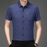 Riolio  Summer Men's Short Sleeve Silk Casual Wrinkle Free Striped Thin Shirt for Middle Aged