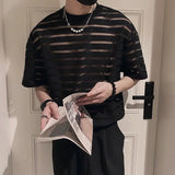 Riolio  Korean New Men's Clothing Fashion Hollow Out Striped Tops Man Comfortable Breathable Lace Thin Style T-shirt