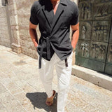 Riolio Summer Solid Color Linen Short-sleeved Shirt Suit Lapel Strap French Elegant Gentleman Loose Casual Simple Top Men's Clothing