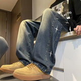 Riolio American retro men and women trendy star shaped graphic design straight leg jeans loose hip-hop wide leg casual pants y2k