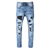 Riolio Men's rhinestone crystal patchwork light blue ripped jeans Slim fit skinny stretch denim pants