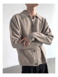 Riolio New Korean Fashion Men Cardigan Jacket Light Luxury Knitted Polo Neck Long Sleeve Sweater Coat Casual Retro Solid Color Knitwear