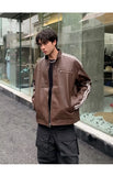Riolio Retro Leather Jacket Men Women  American Patchwork Strip Racing Outerwear Loose Hip Hop Zippers Brown PU Coat Streetwear Spring