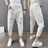 Riolio Korean Ankle-Length Distressed Jeans Men White Breathable Slim Fit Ripped Denim Pants Four Season Narrow Leg Harem Male Trousers