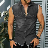 Riolio Lapel Sleeveless Vest Jacket Single-breasted Flap Pockets Tassel Men Summer Solid Color Denim Shirt Streetwear Show  Body Muscle