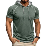 Riolio  Men's Short Sleeve Hoodie Contrast Stitch Raglan Sleeve Drawstring Casual Summer Pullover
