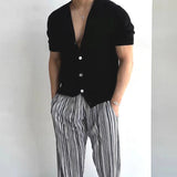 Riolio  Breathable Ice Silk Knitted Mens Shirts Slim Fit Short Sleeve Button-up Casual Shirt Summer Trendy Solid Color Knit Shirts