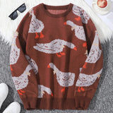Riolio New Popular Autumn Winter Cute Duck Jacquard Pattern Pullover Sweater Casual Round Neck Contrast Color Knitted Men's Pullover