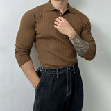 Riolio Mens Pullover Polo Korean Retro Stripe Temperament Ribbed Knit Top Autumn Slim Fit Long Sleeve Casual Trend Muscle Men's Clothes
