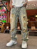 Riolio  American-Style Streetwear Washed Vintage Ripped Jeans for Men, Spring and Autumn Straight Loose Fit, European and American High Street Vibe Style Long Pants
