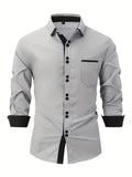 Riolio Men's Shirt Business Casual Comfortable Cotton Lapel Color Matching Pocket Holiday Long Sleeve Top