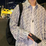 Riolio  New Men's Spliced polo Collar Button Print Fashion Loose Versatile Casual Long Sleeves Shirts