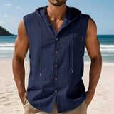 Riolio  Loose Casual American Style Men's Summer Linen Hooded Sleeveless Shirt Hip Hop Trendy Top Comfortable Breathable Garment