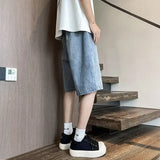 Riolio Summer Baggy Ripped Jorts For Men Y2K Streetwear Denim Shorts Retro Casual Shorts Pants Wide Leg Straight Blue Bermuda Jean