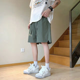 Riolio  Summer Men's Clothing Solid Color Pockets Elastic High Waisted Knee Pants Wide Leg England Style Loose Drawstring Shorts