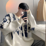 Riolio Autumn Clothing Men's Knitted Luxury Printed Pullovers Sweater Casual Vintage Loose O Neck Solid Color Long Sleeve Knitwear