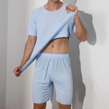 Riolio Men's Two-Piece Ice Silk Pajamas Men's Summer Thin Modal Short-Sleeved Pajamas Homewear Men's Large Size Pajamas Homewear Set