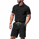 Riolio  Men's Summer Suit Amazon Corduroy Solid Pocket Shirt Short Sleeve Shorts Suit