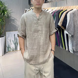 Riolio  Summer New Loose V-neck New Chinese Retro Men's Patchwork Button Fashion Solid Color Loose Casual Short Sleeved Shirts