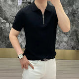 Riolio  Summer Thin Ice Silk Cool Men's Polo Shirt Solid Lapel Zipper Patchwork Smart Casual Elastic Breathable Short Sleeved Top