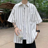 Riolio  Short-sleeved Shirt Men's Retro Loose Teen Handsome Versatile Stripes