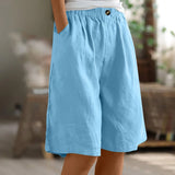 Riolio  Women's Fashion Solid Color Pants Pocket Button Up Capris Loose Elastic Waist Cotton Linen Shorts Pants for Women Women’s Pants