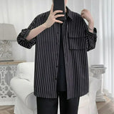 Riolio  Men Trend Japanese Style Vintage Simple Casual High Street Button Shirt Lapel Short Sleeve Loose All Match Tops Camisa Masculina