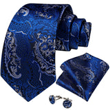 Riolio Royal Blue Silver Paisley Silk Ties For Men 8cm Formal Business Wedding Necktie Set Handkerchief Cufflinks Gift For Men