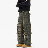Riolio  Ripped Camo Jeans Men 2025 New Loose Straight Leg Denim Pants Outdoor Hiking Trousers Casual Comfort Street Style Fashion