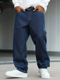 Riolio  Men's street fashion casual vertical stripe multi-pocket cargo blue jeans, with an overall design that balances between refined