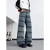 Riolio  Men's American Vintage Striped Denim Pants Washed Loose Straight Casual Flare Trousers