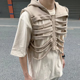 Riolio Skeleton Rib Vest Men's Summer Trendy Design High-end Sleeveless Hooded Vest American High Street Retro Jacket Aesthetic Chic