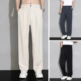 Riolio Men Suit Pants Men Ice Silk Casual Long Men Pants Elastic Waist Buttons Men Trousers Wide Leg Draped Thin Business Trousers