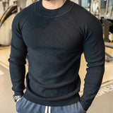 Riolio New American Style Men Basic Sweater Fashion Fitness Knit Solid Color Long Sleeve Pullover Casual O Neck Retro Splicing Knitwear