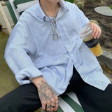 Riolio  Men's Blue & White Striped Oversized Shirt Long Sleeve Collared Casual Loose Fit Top