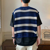 Riolio Striped Sweater Vest Men Summer Vintage Harajuku Hollow Out Design Fashion Korean Style All-match Cropped Knitwear Clothing New