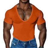 Riolio  Summer Men's T-shirts Deep V Neck Solid Color Gym Muscle Fitness Undershirt Tee Tops Short Sleeve T Shirt For Men Clothing
