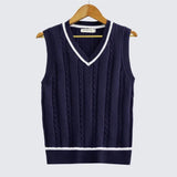 Riolio  Striped White Knitted Sweaters for Men Blue Sleeveless Man Clothes V Neck Vest Red Waistcoat Jumpers Sweat-shirt Cigaret Cotton