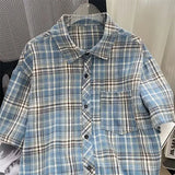 Riolio Checkered shirt men's summer casual loose jacket American trend thin style couple daily versatile retro plaid short sleeve shirt