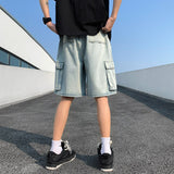 Riolio Korean Summer Men's Wide Leg Denim Shorts New Fashion Loose Casual Elastic Waist Large Pocket Work Shorts Men's Brand Clothing