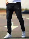Riolio  Men's American Retro Hole-Punched Stretch Slim Fit Jeans Zipper Casual Streetwear Denim Pants Classic Black Blue Skinny Trousers