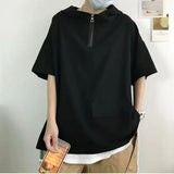 Riolio  Trendy Summer Half-sleeve Hooded T-shirt For Men Loose-fit Versatile Student Turtle Neck Bodycon Tee Hong Kong Style