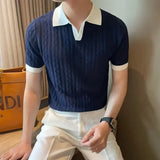 Riolio Men's Knit Short Sleeve Polo Shirt Casual Soft Supple High-end Feel Round Neck Loose-fit Top Japanese Style Solid Color