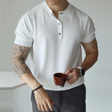 Riolio New Fashion American Style Men T-shirt Light Luxury Knitted Henry Collar Tees Casual Solid Color Short Sleeve Breathable Tops